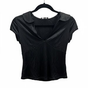 Bebe Black V-Neck Collared Short Sleeve Top
